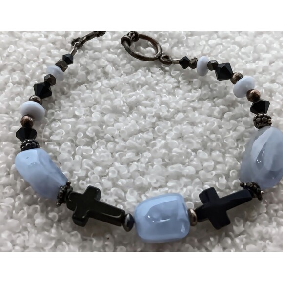 Artisan Sterling Silver Blue Lace Agate & Black Onyx Cross Bracelet 7.5 in - Picture 2 of 11